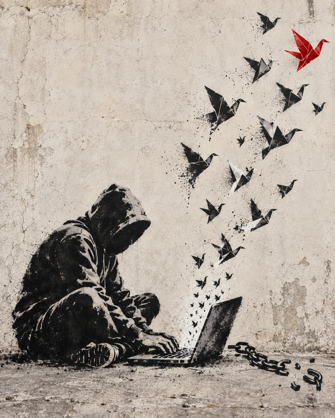 Stencil mural of a hooded maker at a laptop, releasing paper birds into the open air, with one red bird.
